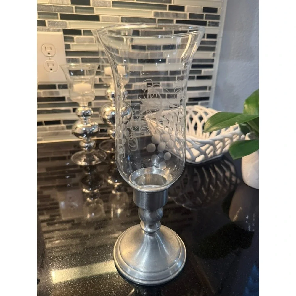 Vintage Web Pewter Hurricane Candle Holder Etched Glass Shade Mid Century MCM